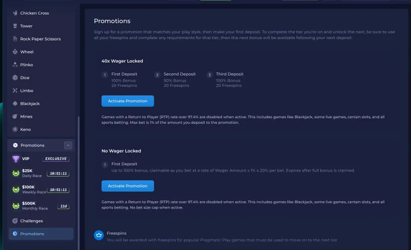 Rainbet casino promotions page screenshot